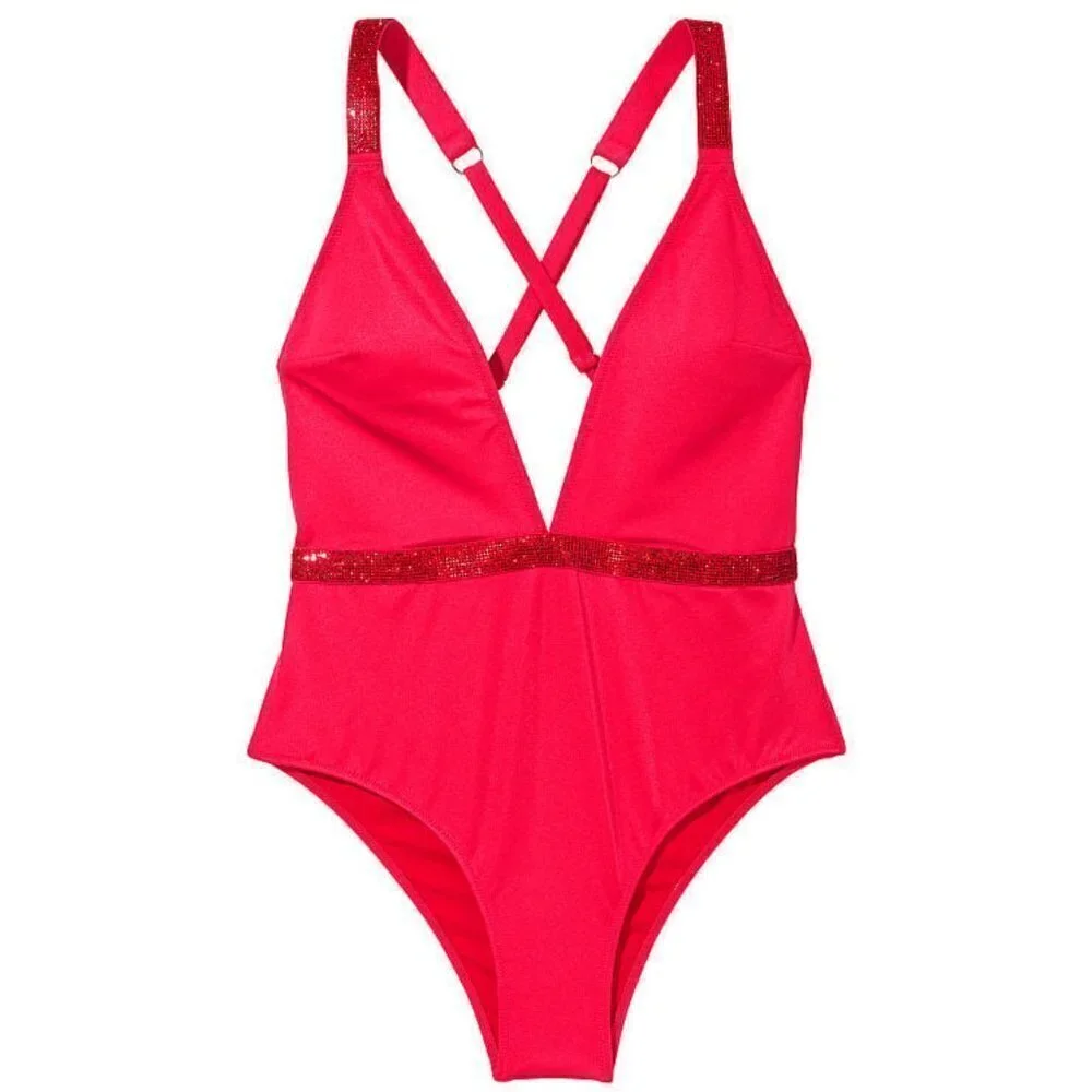 Victoria Secret Small S Shine Strap Plunge One Piece Swimsuit Bikini Red Pink